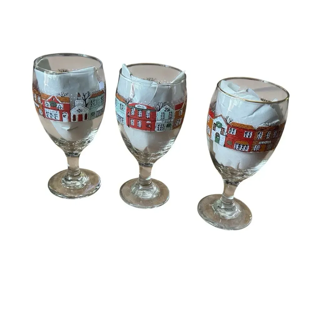 Set of 3 Christmas‎ Village Wine Glasses Holiday Goblets Hand Painted Houses